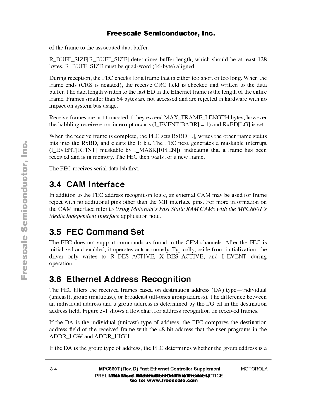 Freescale Semiconductor MPC860T user manual CAM Interface, FEC Command Set, Ethernet Address Recognition 