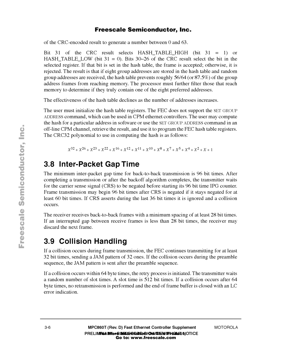 Freescale Semiconductor MPC860T user manual Inter-Packet Gap Time, Collision Handling 