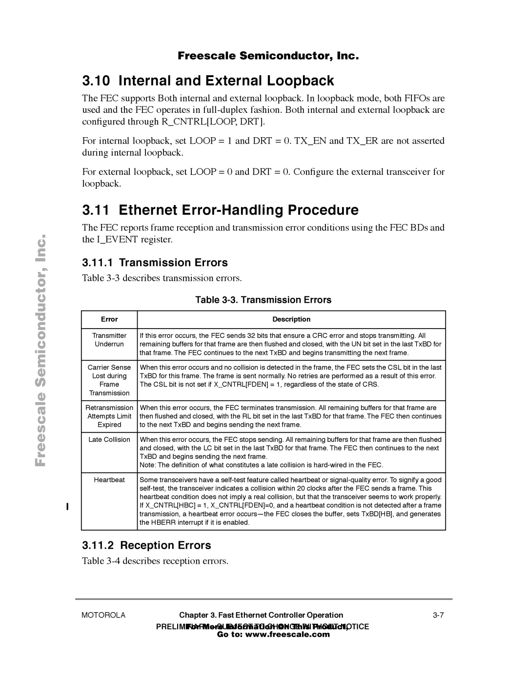 Freescale Semiconductor MPC860T Internal and External Loopback, Ethernet Error-Handling Procedure, Transmission Errors 