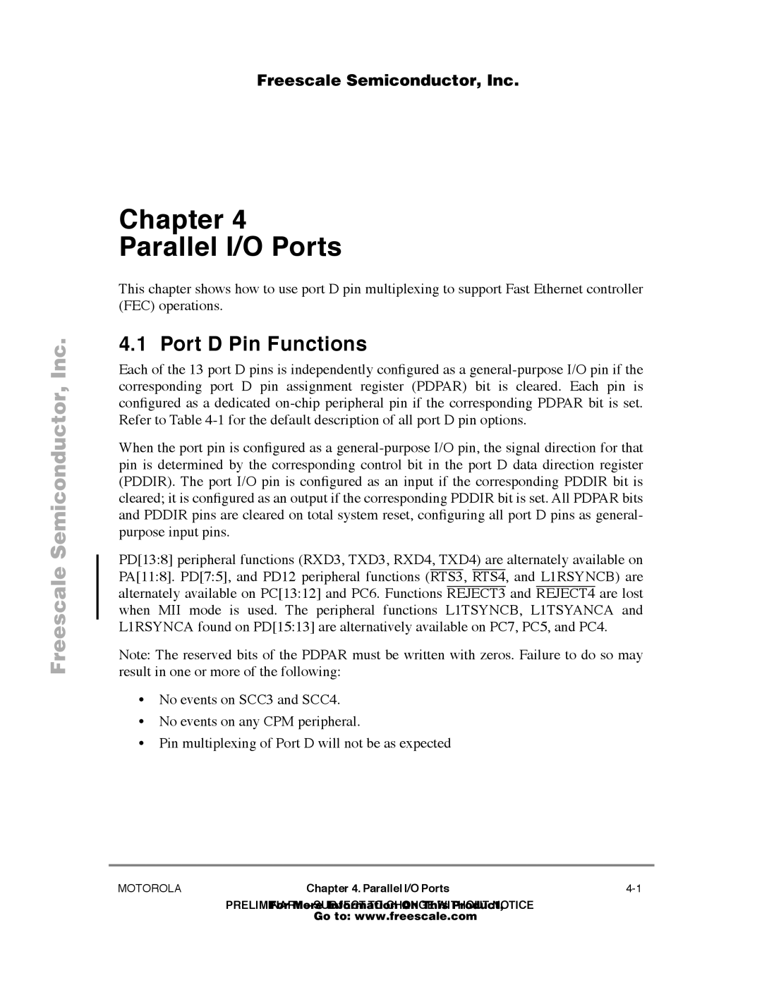 Freescale Semiconductor MPC860T user manual Chapter Parallel I/O Ports, Port D Pin Functions 