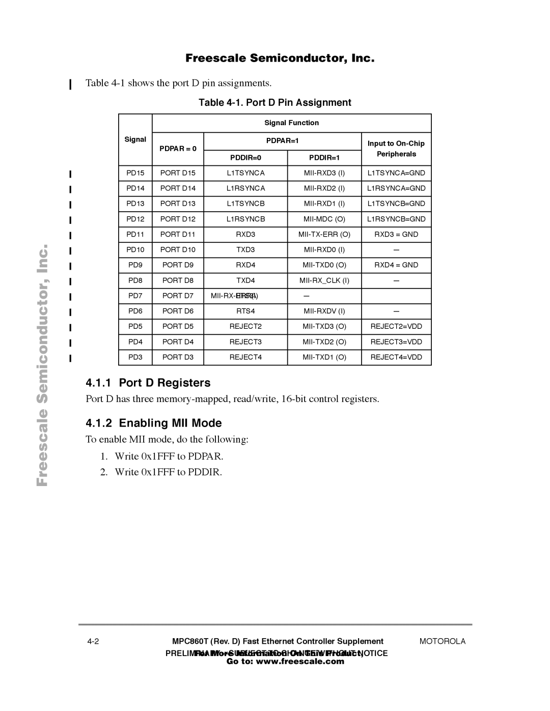 Freescale Semiconductor MPC860T Port D Registers, Enabling MII Mode, Shows the port D pin assignments, Signal Function 