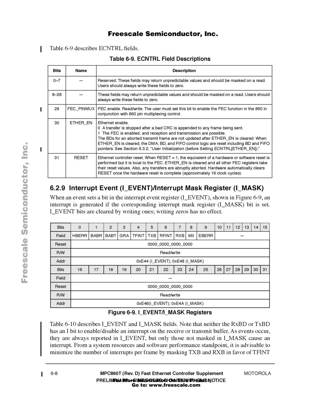 Freescale Semiconductor MPC860T Interrupt Event IEVENT/Interrupt Mask Register Imask, Describes Ecntrl Þelds, Fecpinmux 