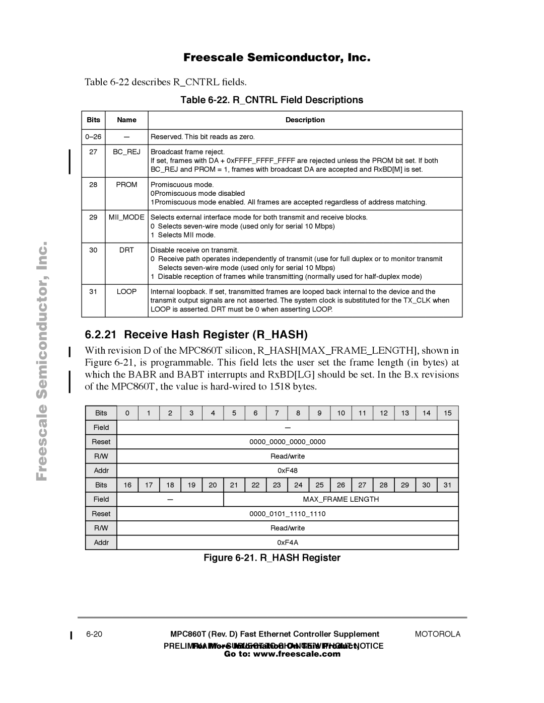 Freescale Semiconductor MPC860T Receive Hash Register Rhash, describes Rcntrl Þelds, Rcntrl Field Descriptions, Bcrej 