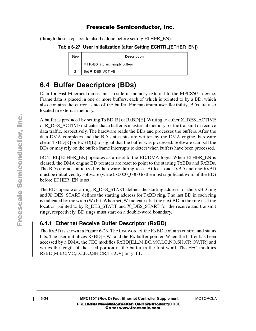 Freescale Semiconductor MPC860T user manual Buffer Descriptors BDs, Ethernet Receive Buffer Descriptor RxBD, Step 