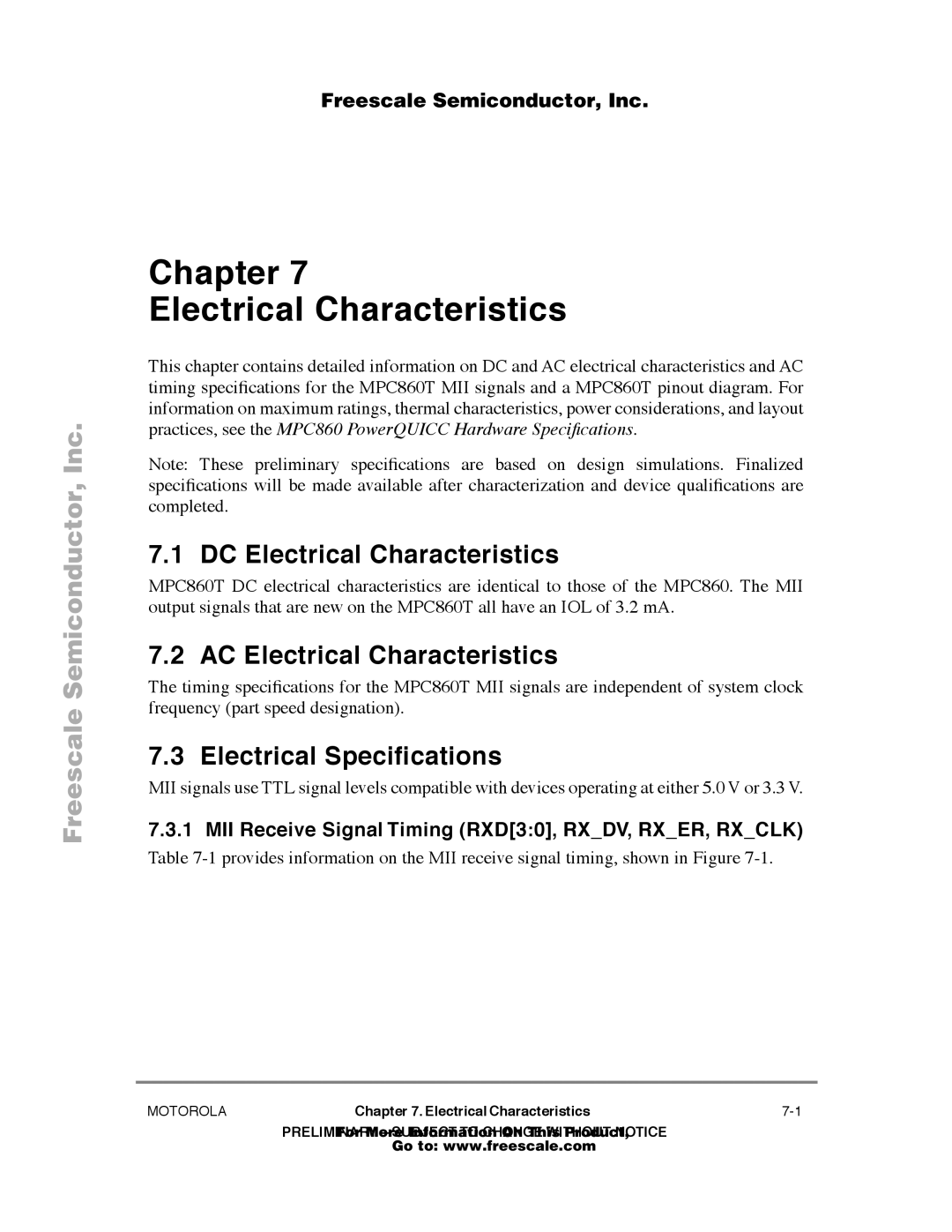 Freescale Semiconductor MPC860T DC Electrical Characteristics, AC Electrical Characteristics, Electrical SpeciÞcations 