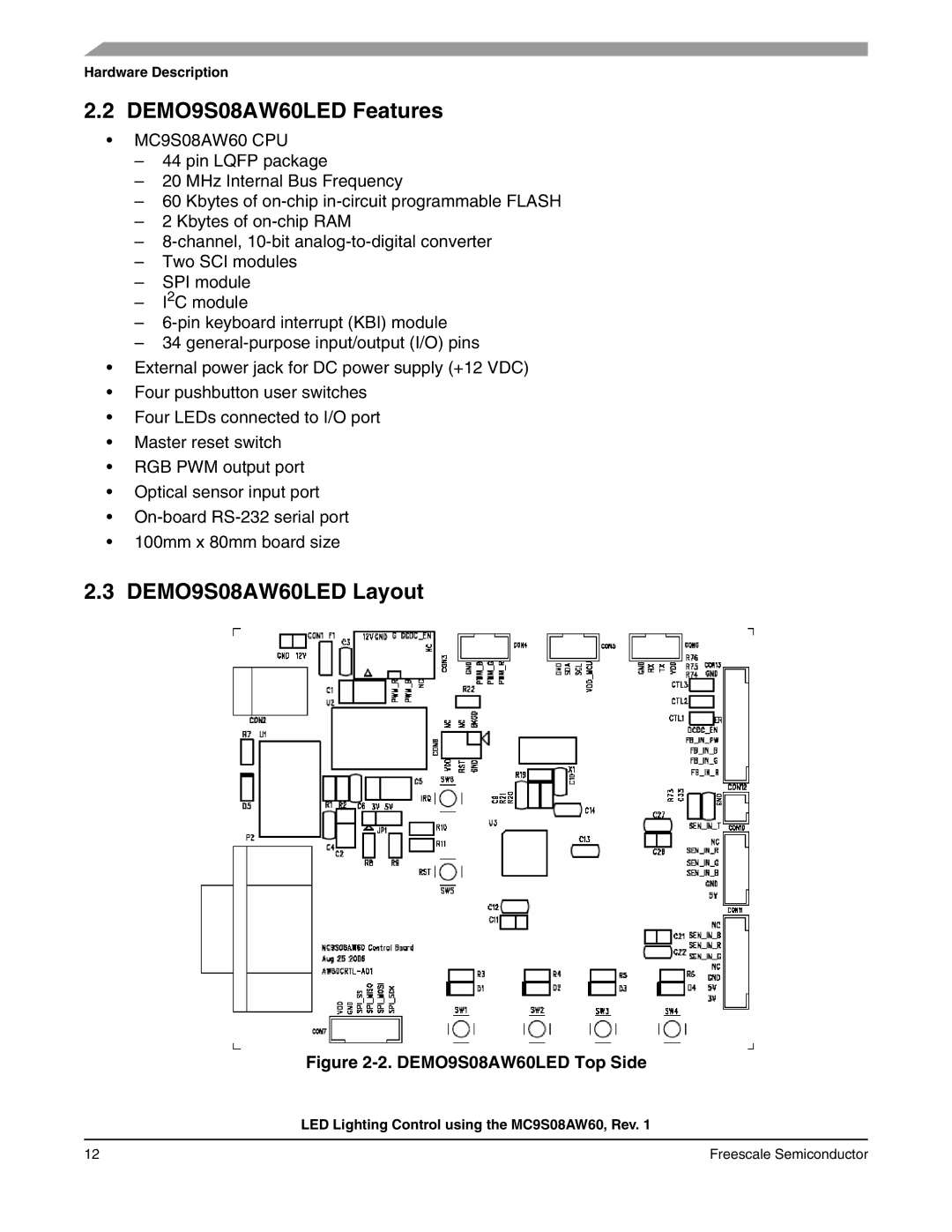 Freescale Semiconductor manual DEMO9S08AW60LED Features, DEMO9S08AW60LED Layout 