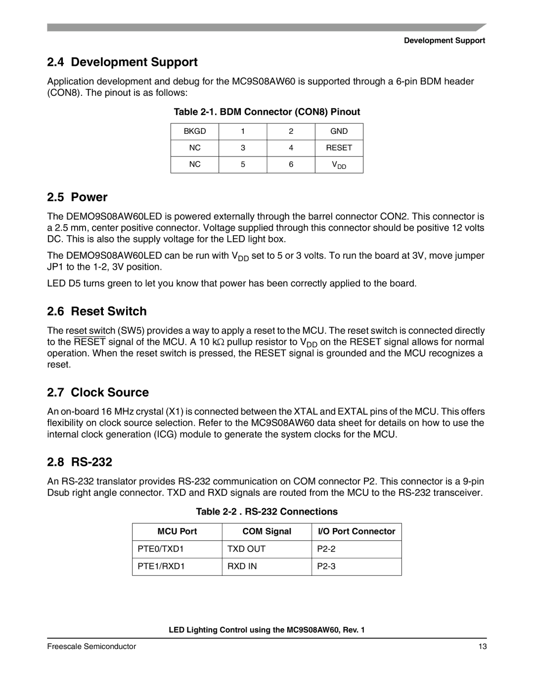 Freescale Semiconductor S08 manual Development Support, Power, Reset Switch, Clock Source, RS-232 