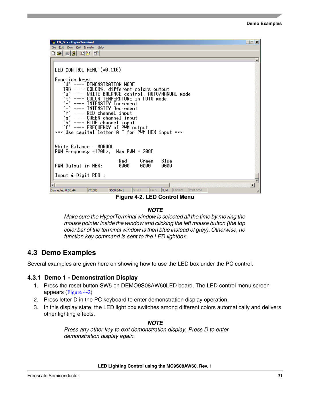 Freescale Semiconductor S08 manual Demo Examples, Demo 1 Demonstration Display 