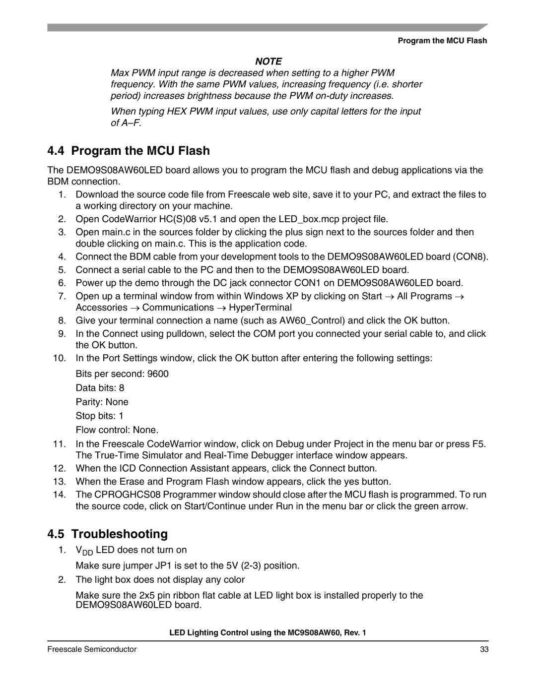 Freescale Semiconductor S08 manual Program the MCU Flash, Troubleshooting 