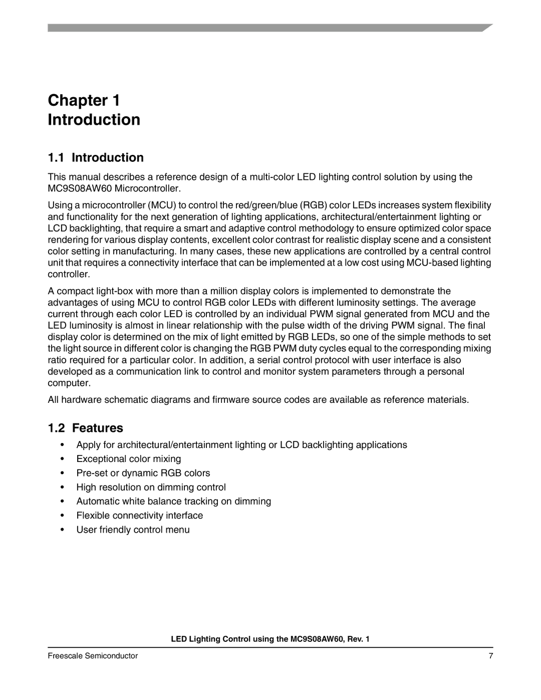 Freescale Semiconductor S08 manual Chapter Introduction, Features 