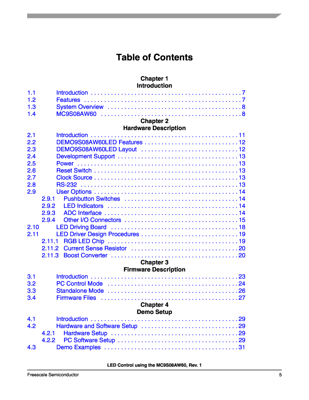 Freescale Semiconductor S08 manual Table of Contents, Chapter, Introduction, Hardware Description, Firmware Description 