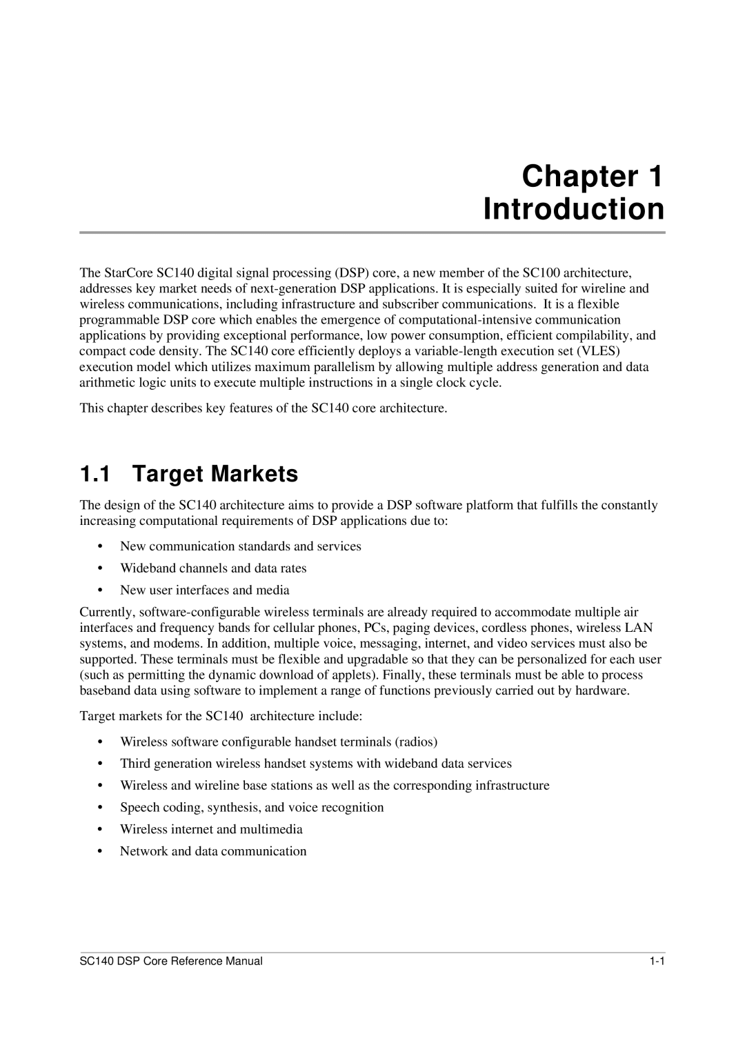 Freescale Semiconductor SC140 specifications Chapter Introduction, Target Markets 