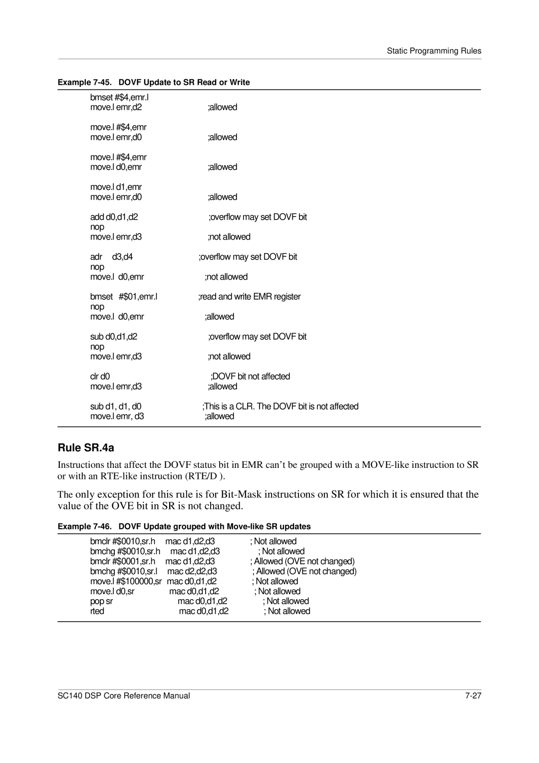 Freescale Semiconductor SC140 specifications Rule SR.4a, Example 7-45. Dovf Update to SR Read or Write 