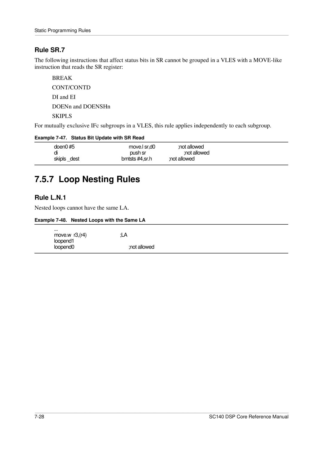 Freescale Semiconductor SC140 specifications Loop Nesting Rules, Rule SR.7, Rule L.N.1, DI and EI DOENn and DOENSHn 