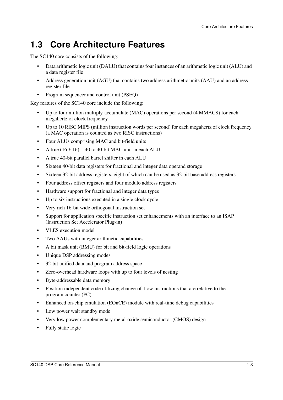 Freescale Semiconductor SC140 specifications Core Architecture Features 