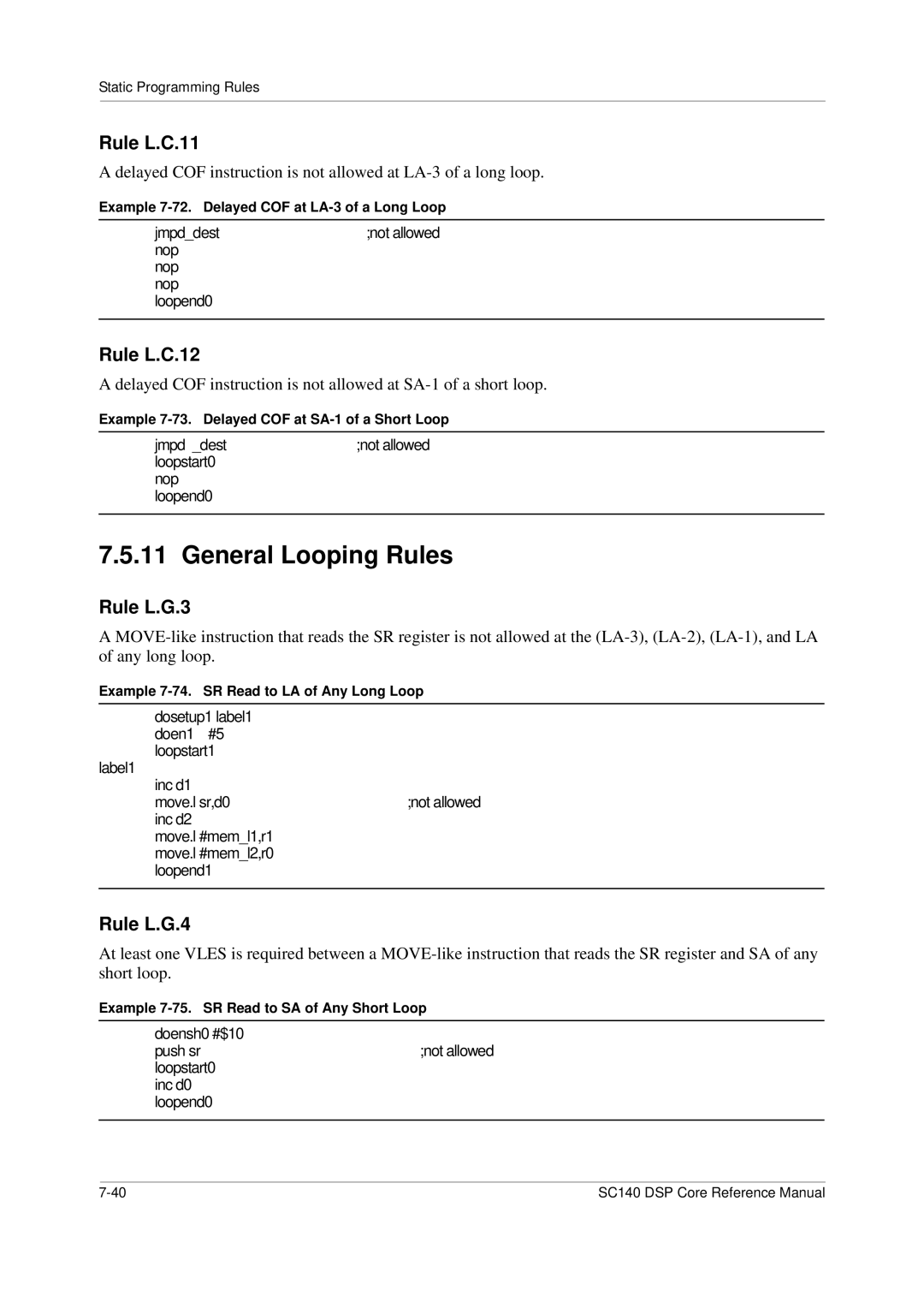 Freescale Semiconductor SC140 specifications General Looping Rules, Rule L.C.11, Rule L.C.12, Rule L.G.3, Rule L.G.4 