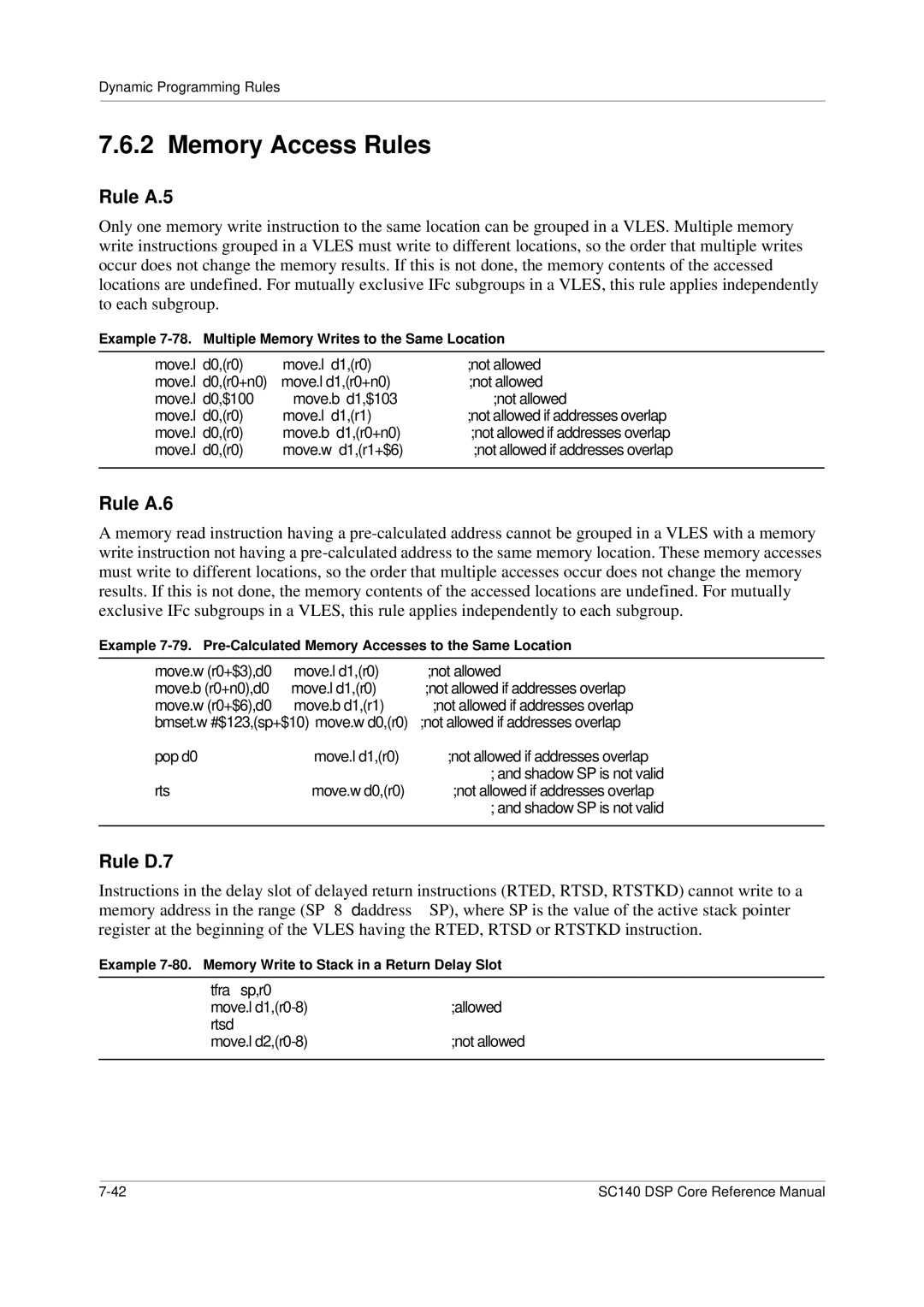 Freescale Semiconductor SC140 specifications Memory Access Rules, Rule A.5, Rule A.6, Rule D.7 