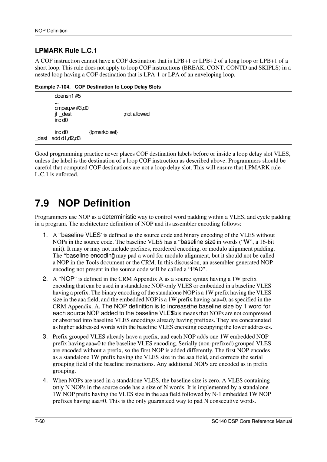 Freescale Semiconductor SC140 NOP Definition, Lpmark Rule L.C.1, Example 7-104. COF Destination to Loop Delay Slots 