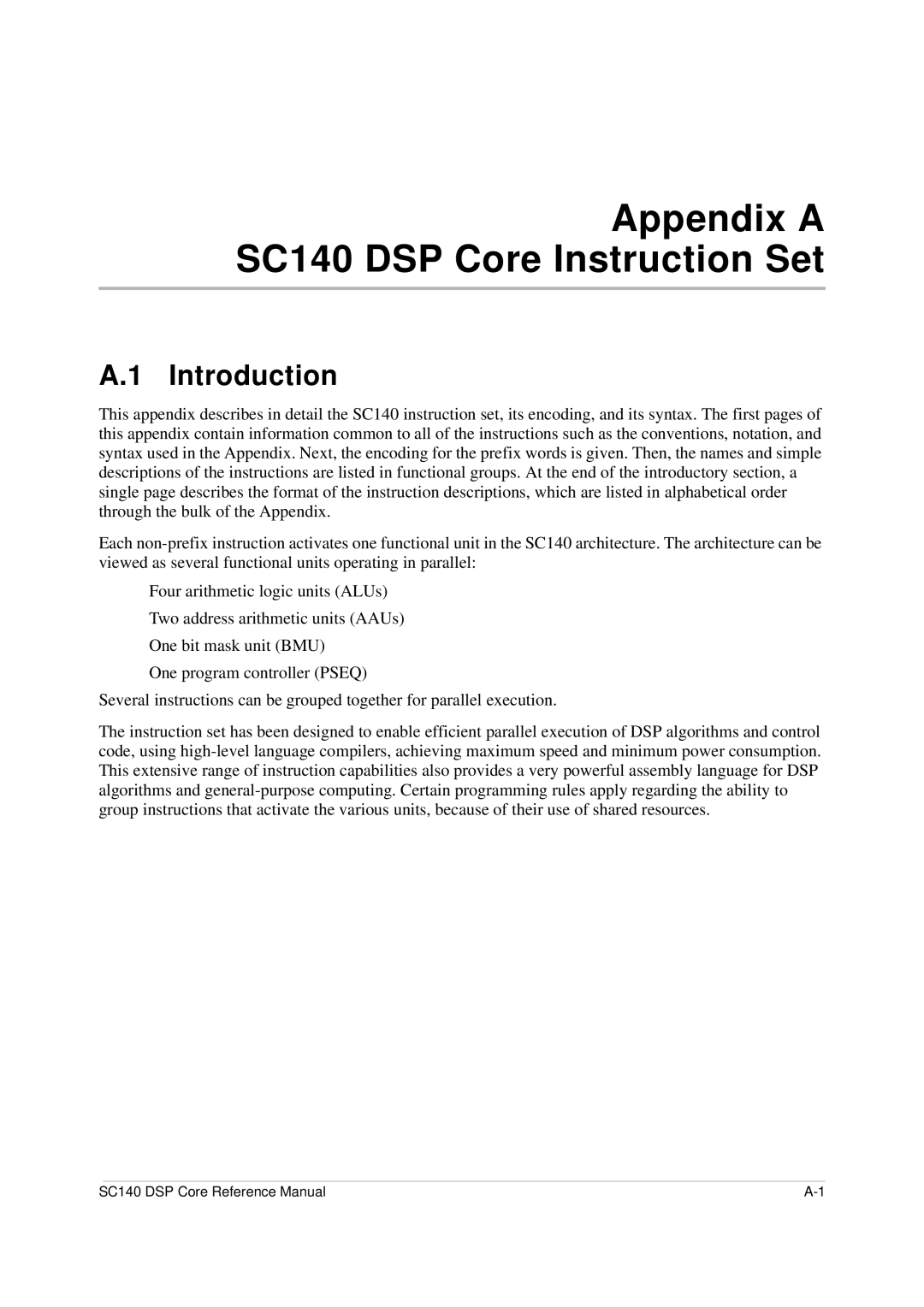 Freescale Semiconductor specifications Appendix a SC140 DSP Core Instruction Set 