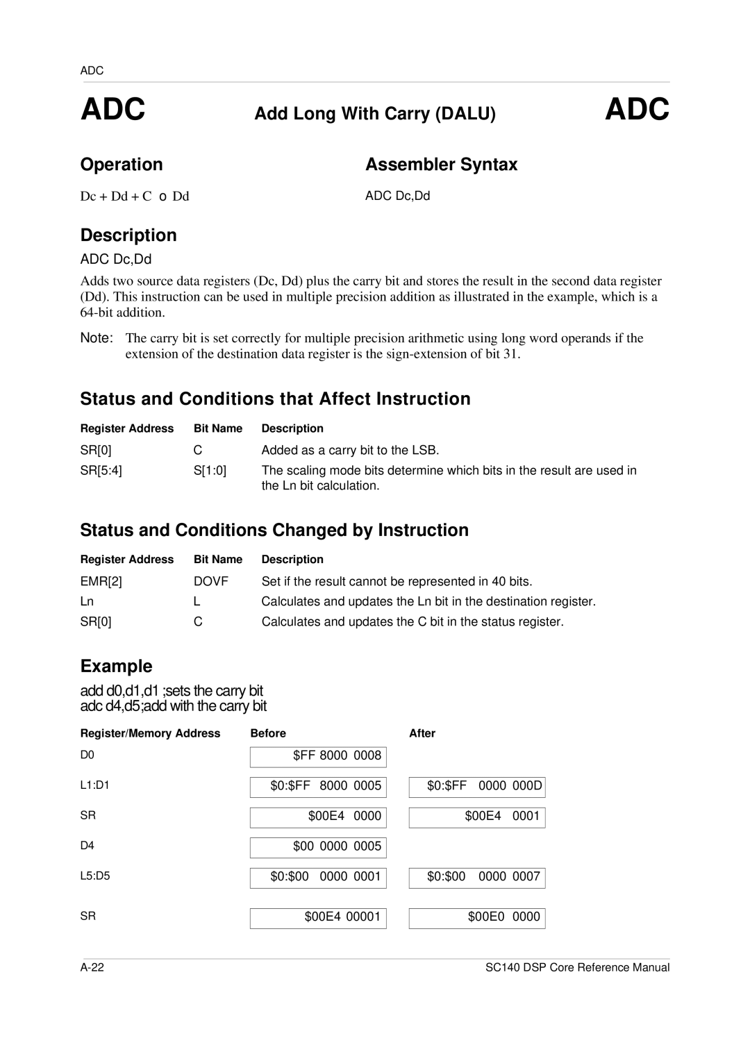 Freescale Semiconductor SC140 specifications Adc, Add Long With Carry Dalu, Dc + Dd + C → Dd, ADC Dc,Dd 