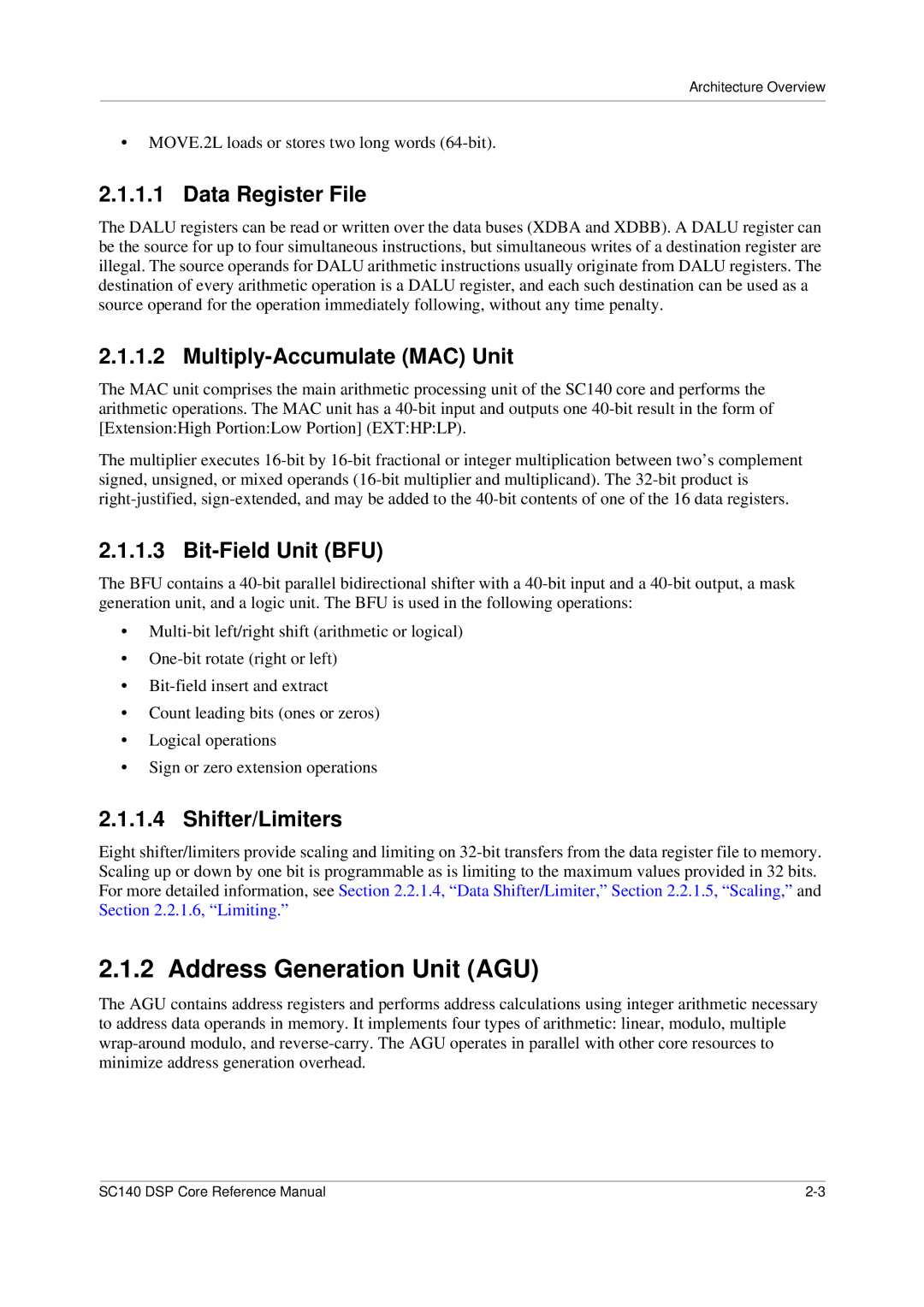 Freescale Semiconductor SC140 specifications Address Generation Unit AGU, Data Register File, Multiply-Accumulate MAC Unit 