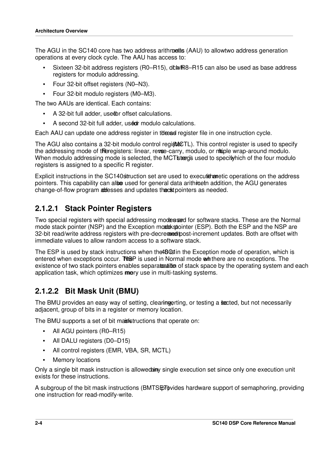 Freescale Semiconductor SC140 specifications Stack Pointer Registers, Bit Mask Unit BMU 