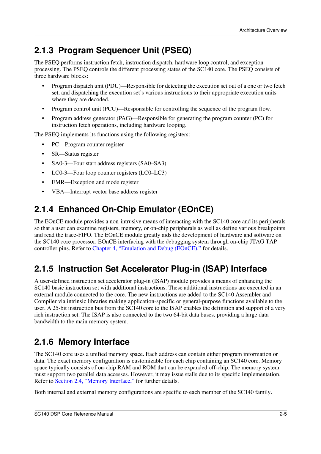 Freescale Semiconductor SC140 specifications Program Sequencer Unit Pseq, Enhanced On-Chip Emulator EOnCE, Memory Interface 