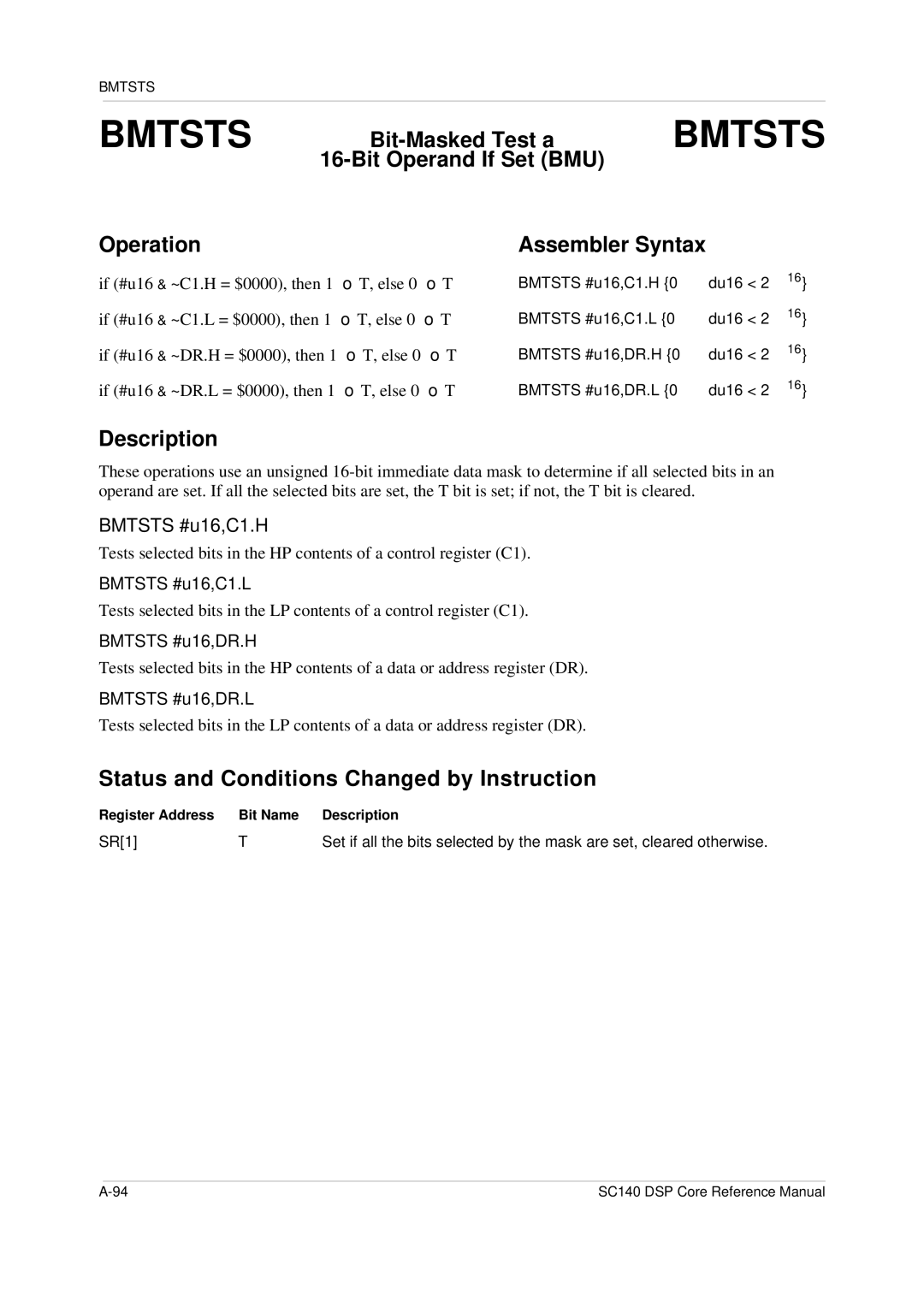 Freescale Semiconductor SC140 specifications Bmtsts #u16,C1.L, Bmtsts #u16,DR.H, Bmtsts #u16,DR.L 