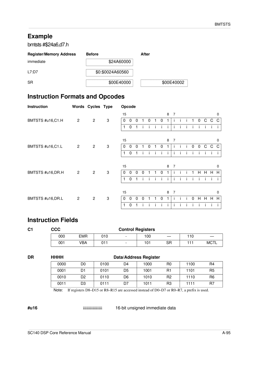 Freescale Semiconductor SC140 specifications Example, Bmtsts #$24a6,d7.h 