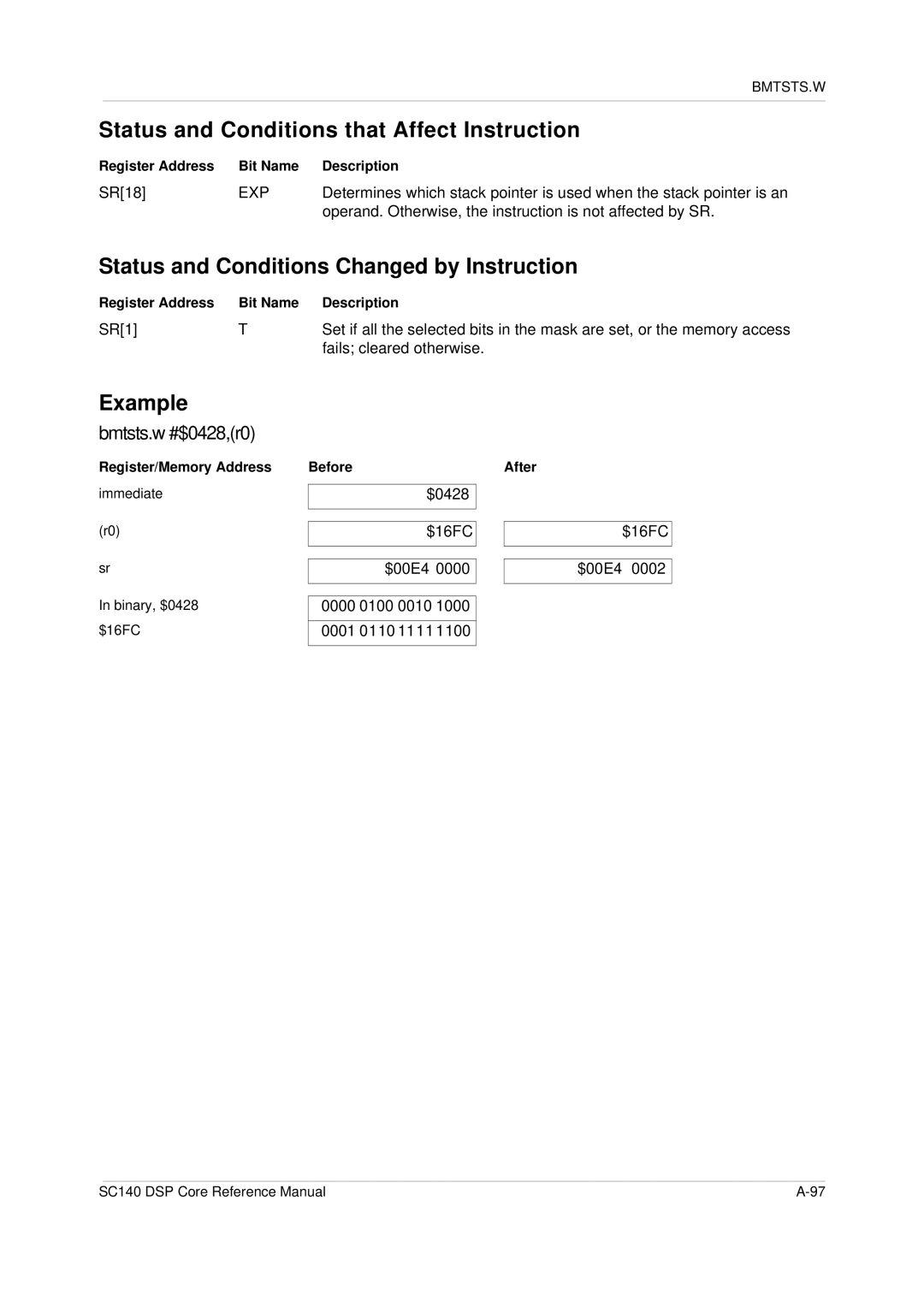 Freescale Semiconductor SC140 specifications Status and Conditions that Affect Instruction, Bmtsts.w #$0428,r0 