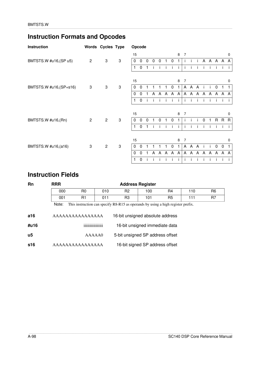 Freescale Semiconductor SC140 specifications BMTSTS.W #u16,SP-u5 