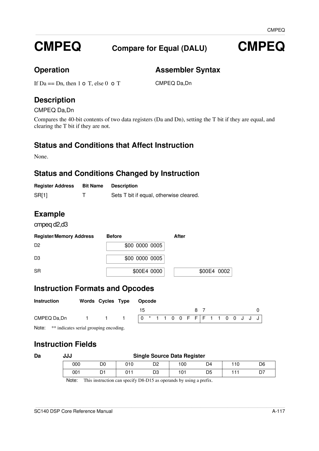 Freescale Semiconductor SC140 Compare for Equal Dalu, Cmpeq d2,d3, If Da == Dn, then 1→ T, else 0 → T, Cmpeq Da,Dn 