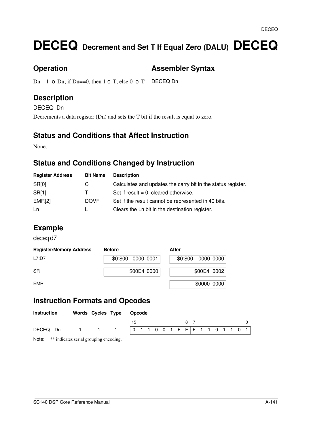 Freescale Semiconductor SC140 specifications Deceq d7, Dn 1 → Dn if Dn==0, then 1→ T, else 0 → T, Deceq Dn 