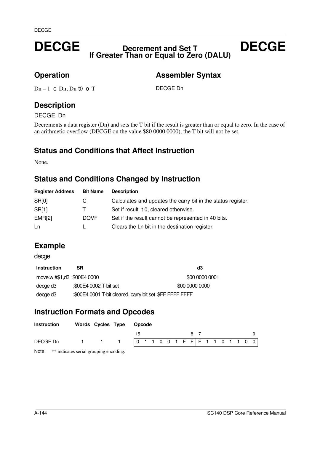 Freescale Semiconductor SC140 specifications Example decge, Dn 1 → Dn Dn≥0 → T, Decge Dn 