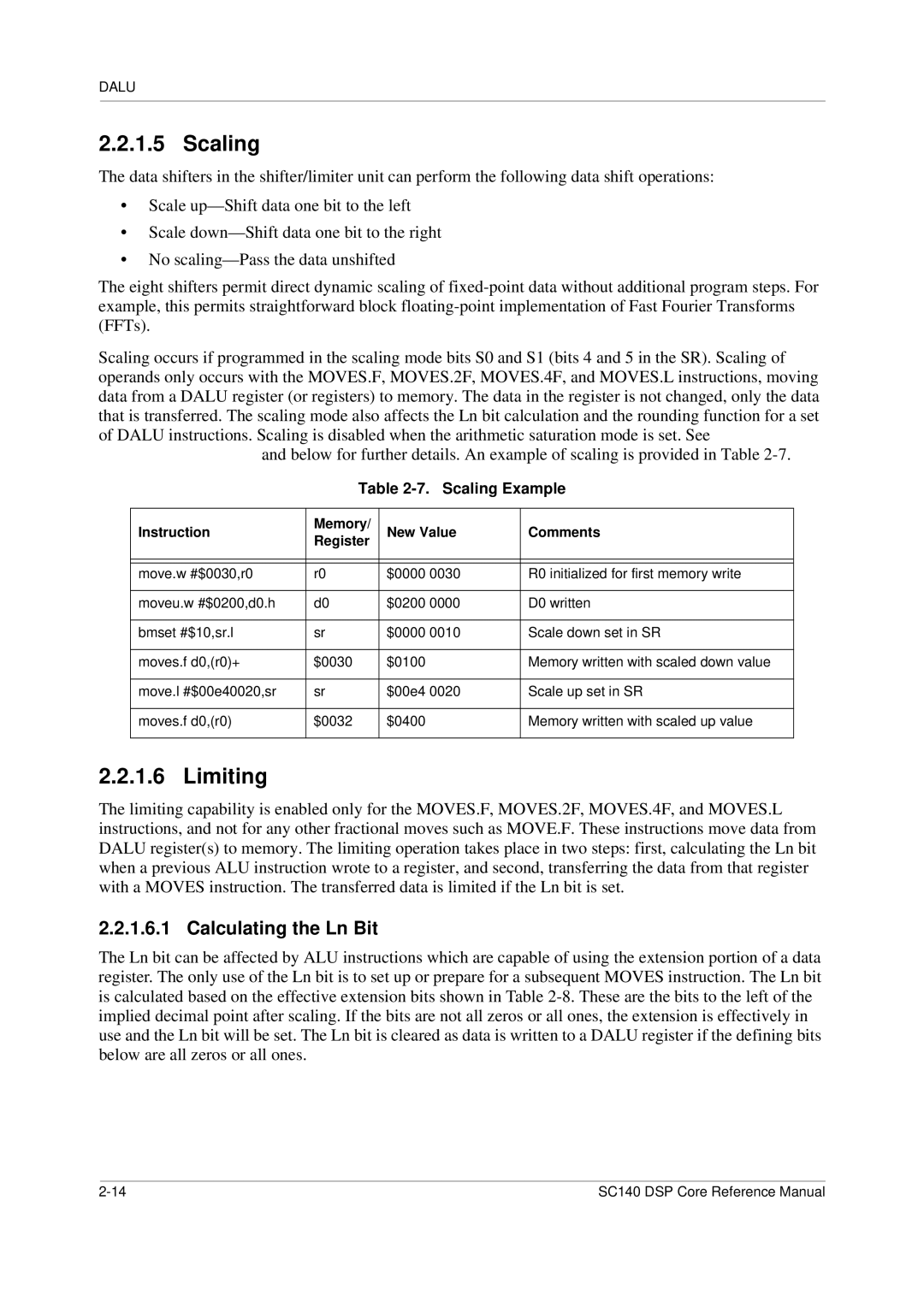 Freescale Semiconductor SC140 specifications Limiting, Calculating the Ln Bit, Scaling Example 