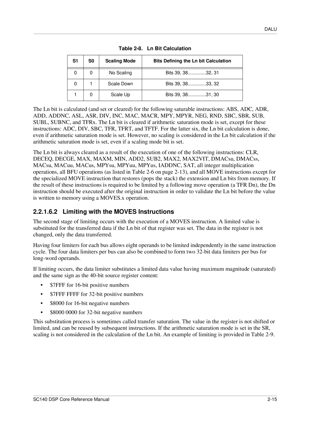 Freescale Semiconductor SC140 specifications Limiting with the Moves Instructions, Ln Bit Calculation 