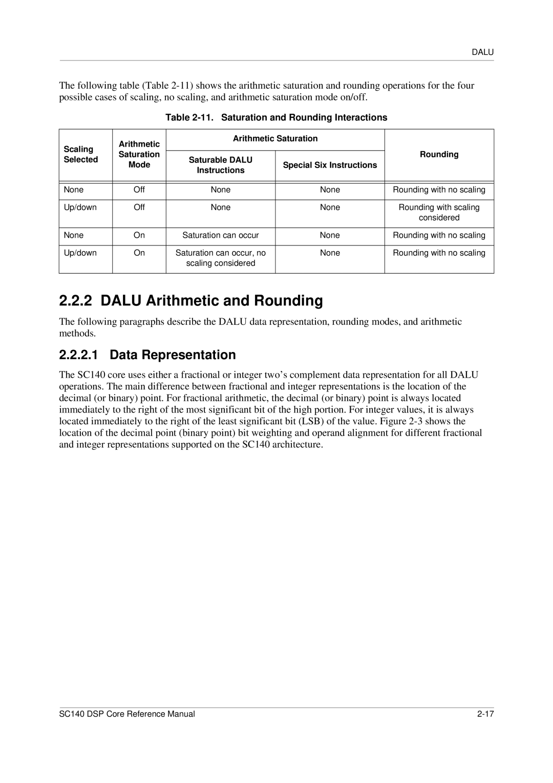 Freescale Semiconductor SC140 Dalu Arithmetic and Rounding, Data Representation, Saturation and Rounding Interactions 