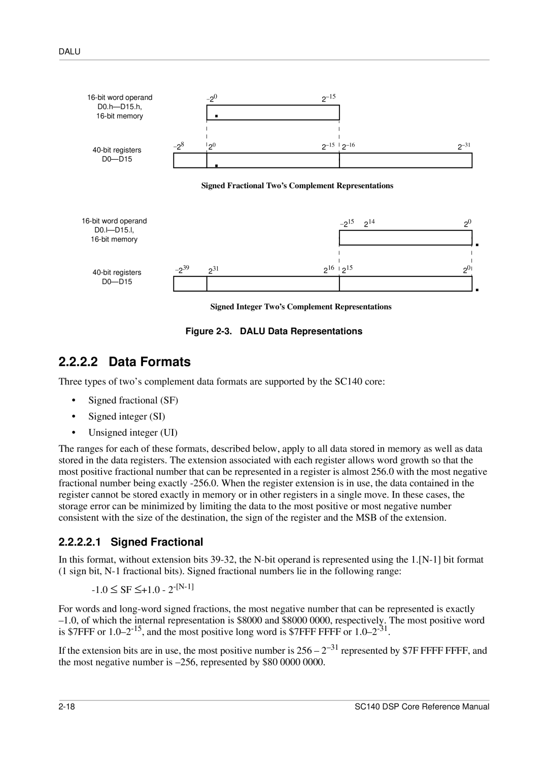 Freescale Semiconductor SC140 specifications Data Formats, Signed Fractional 