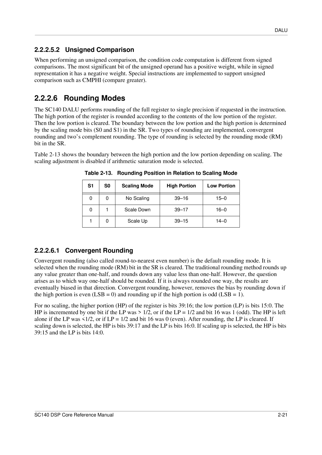 Freescale Semiconductor SC140 specifications Rounding Modes, Unsigned Comparison, Convergent Rounding 