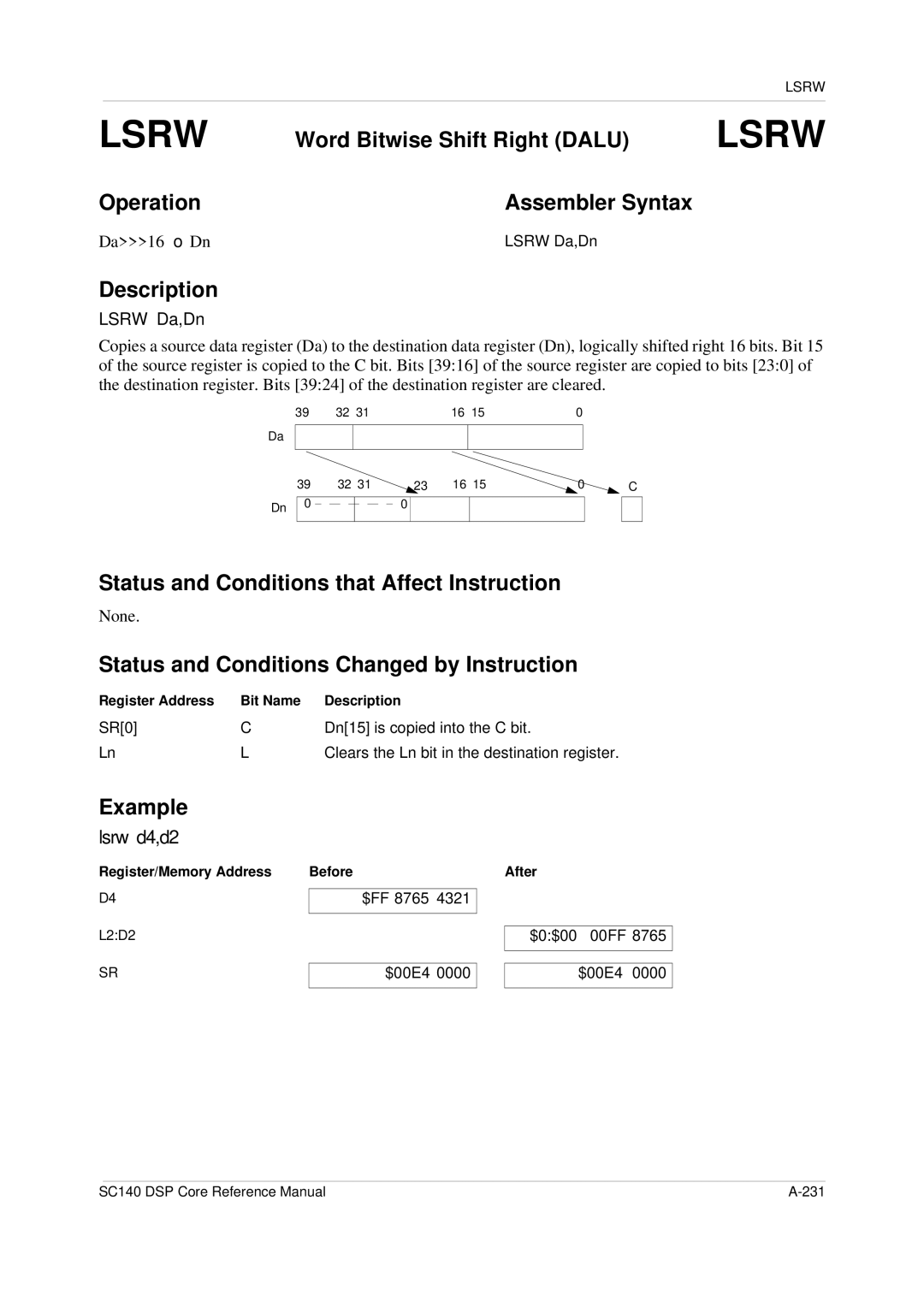 Freescale Semiconductor SC140 specifications Word Bitwise Shift Right Dalu, Lsrw d4,d2, Lsrw Da,Dn 