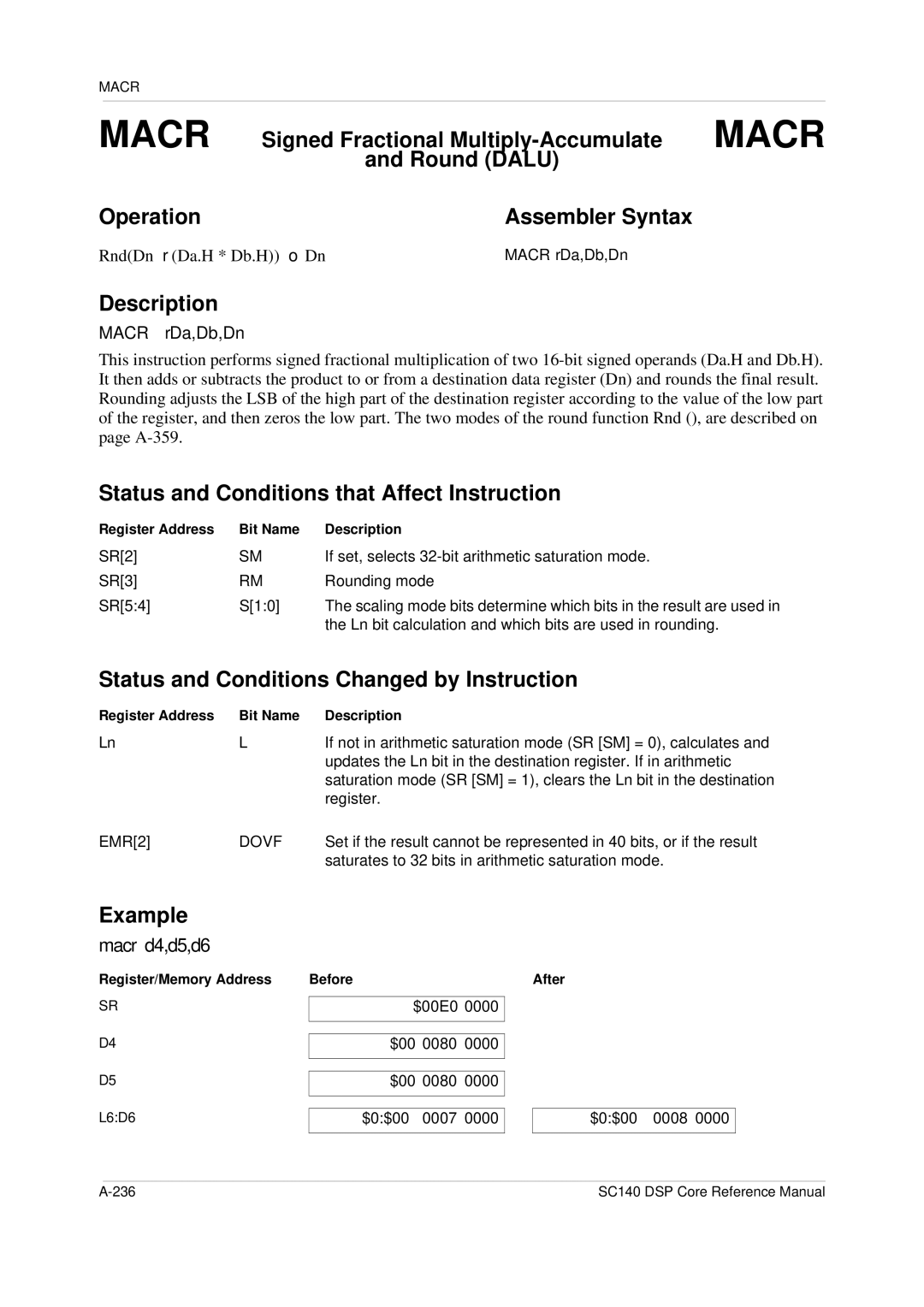 Freescale Semiconductor SC140 specifications Macr d4,d5,d6, RndDn ± Da.H * Db.H → Dn, Macr ±Da,Db,Dn 