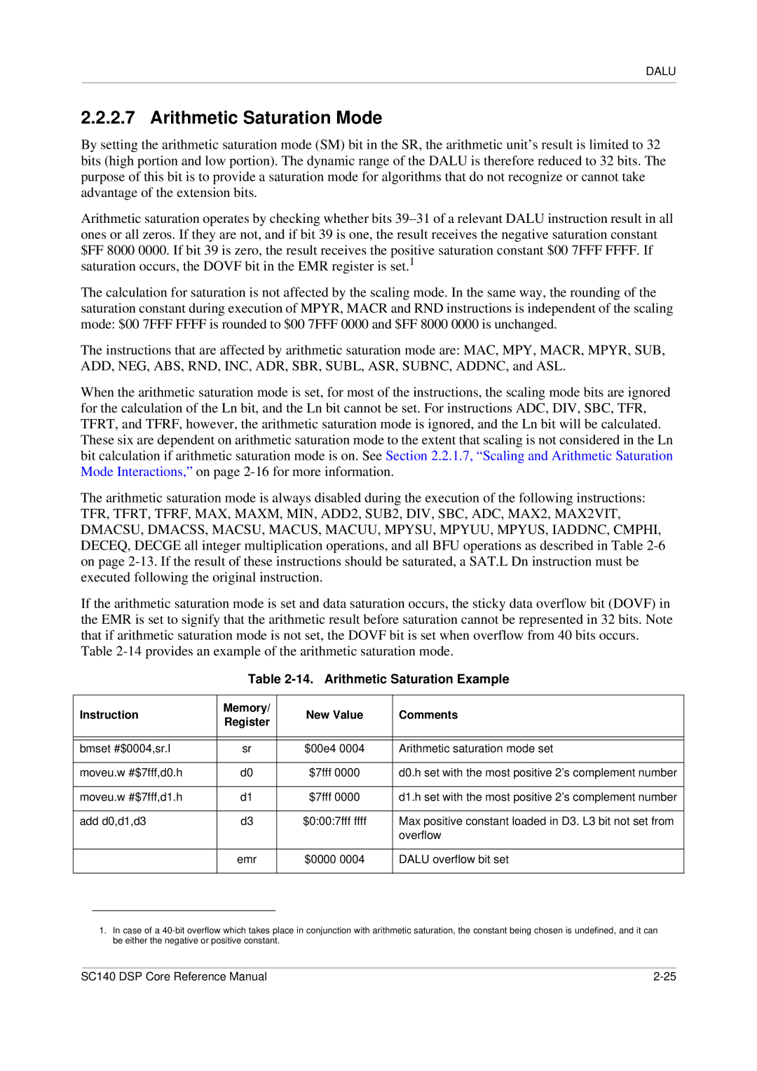 Freescale Semiconductor SC140 specifications Arithmetic Saturation Mode, Arithmetic Saturation Example 