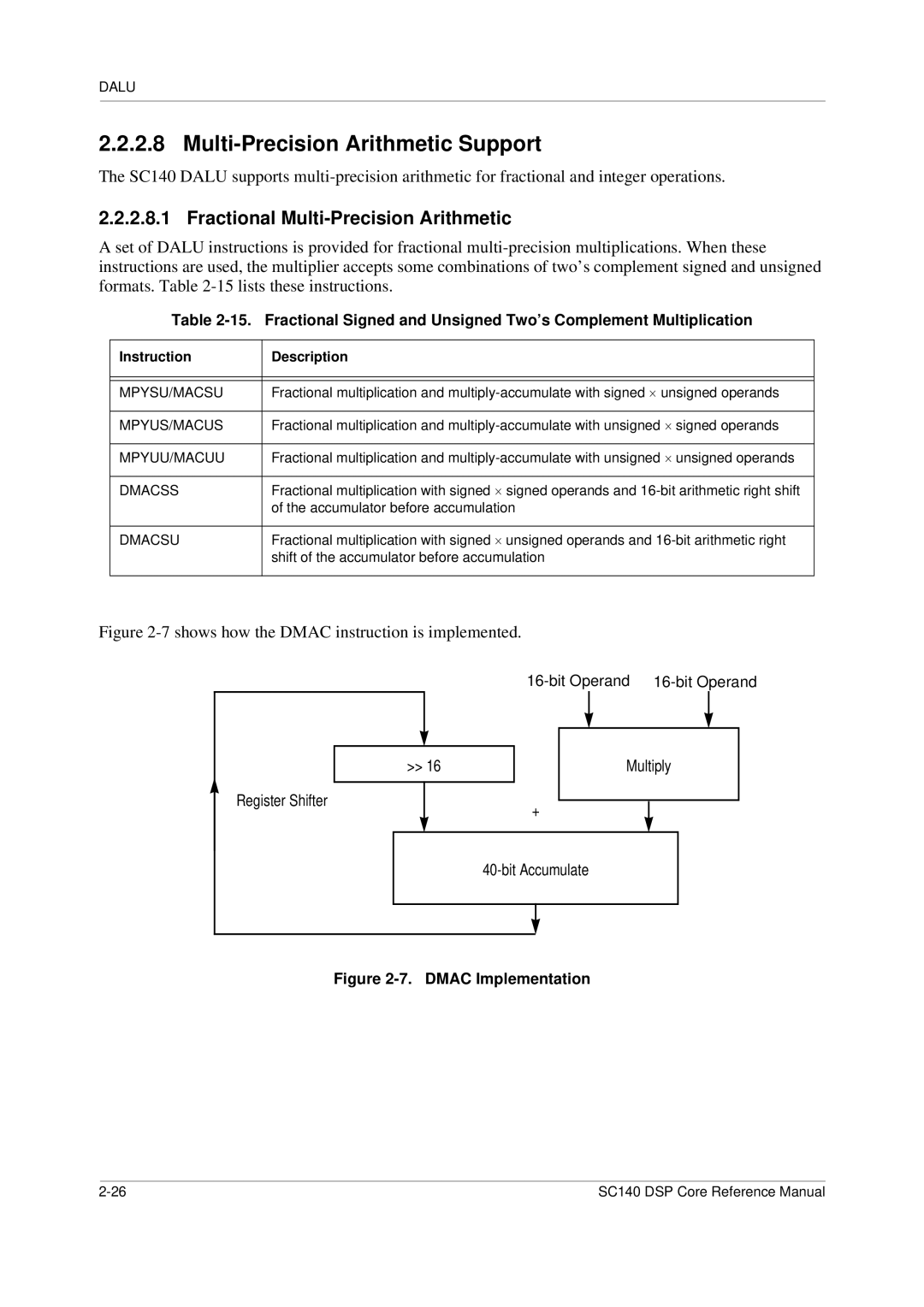 Freescale Semiconductor SC140 specifications Multi-Precision Arithmetic Support, Fractional Multi-Precision Arithmetic 