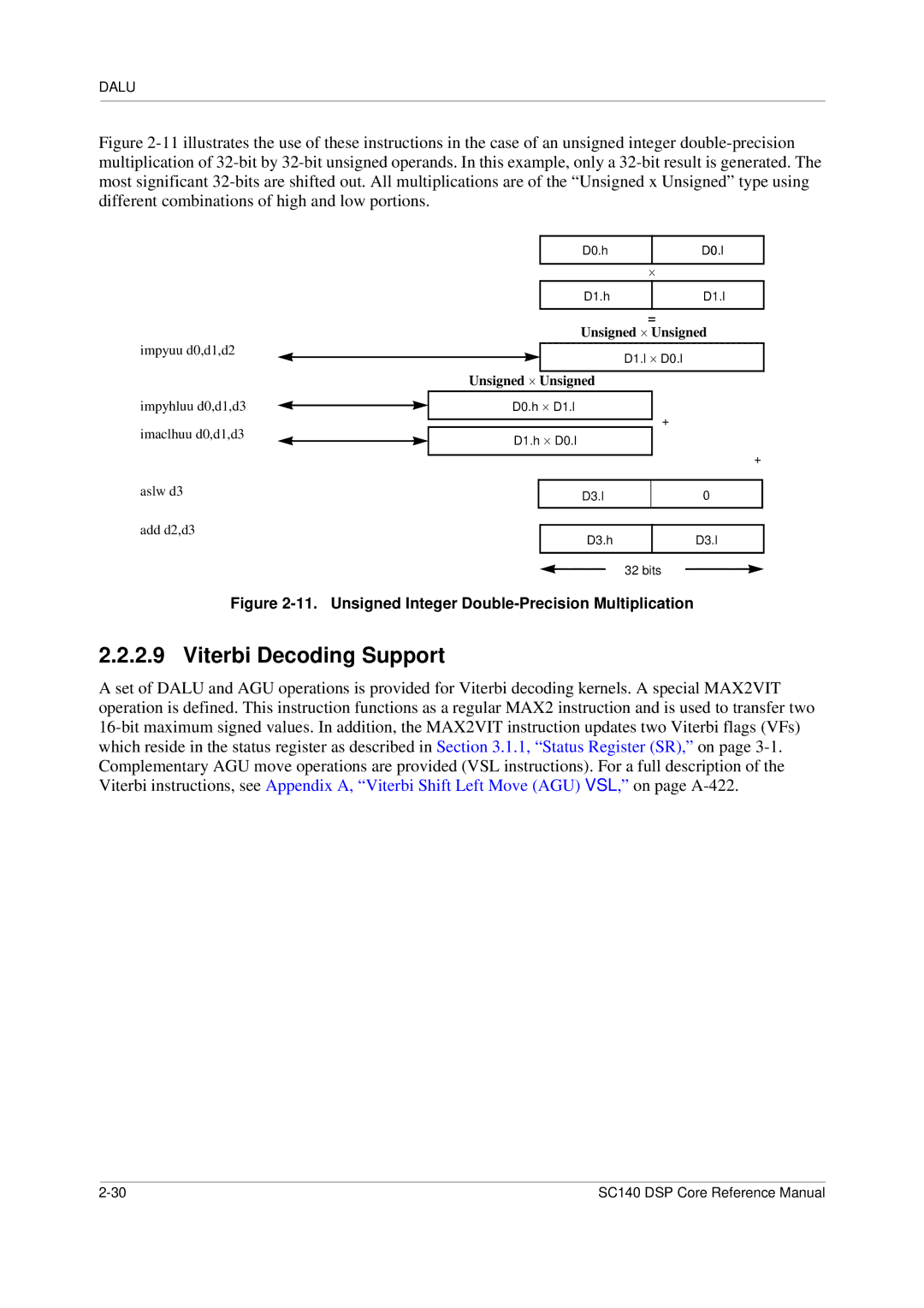 Freescale Semiconductor SC140 specifications Viterbi Decoding Support, Unsigned Integer Double-Precision Multiplication 