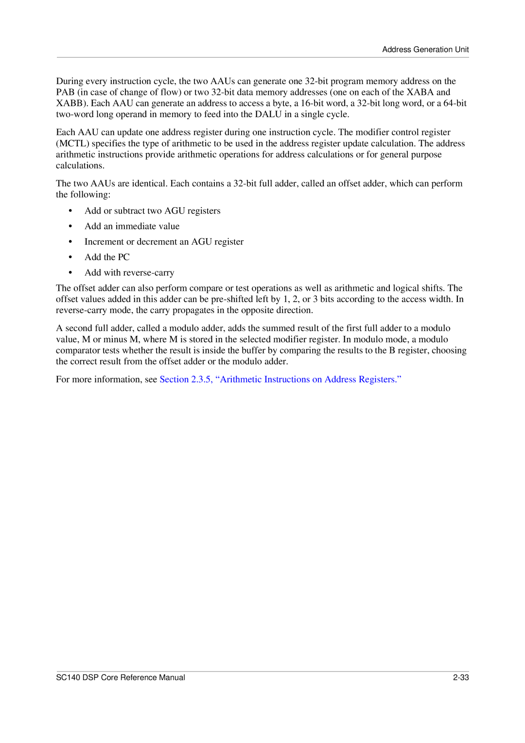 Freescale Semiconductor SC140 specifications Address Generation Unit 