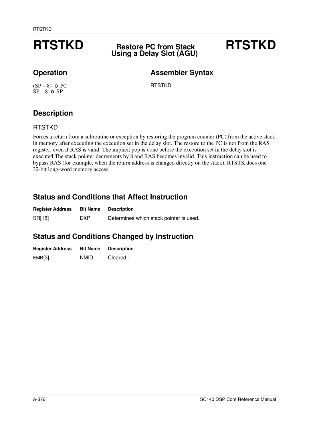 Freescale Semiconductor SC140 specifications Rtstkd, SP 8 → PC, SP 8 → SP 