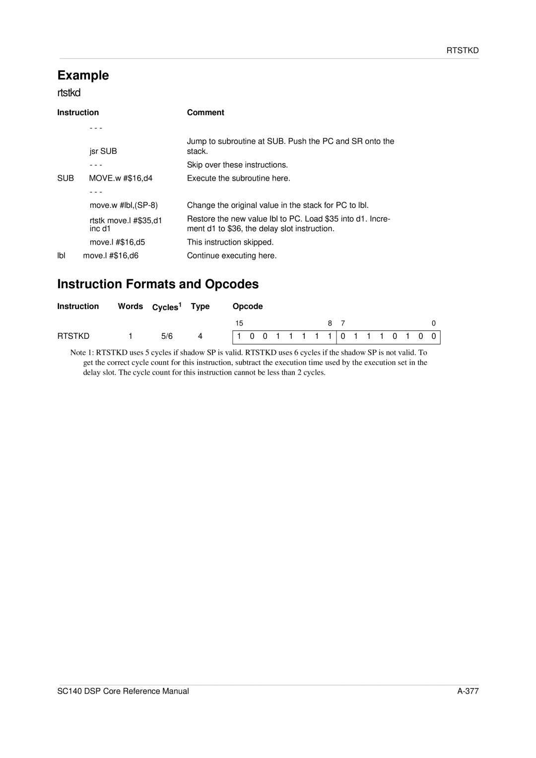 Freescale Semiconductor SC140 specifications Example rtstkd, Instruction Words Cycles1 Type 