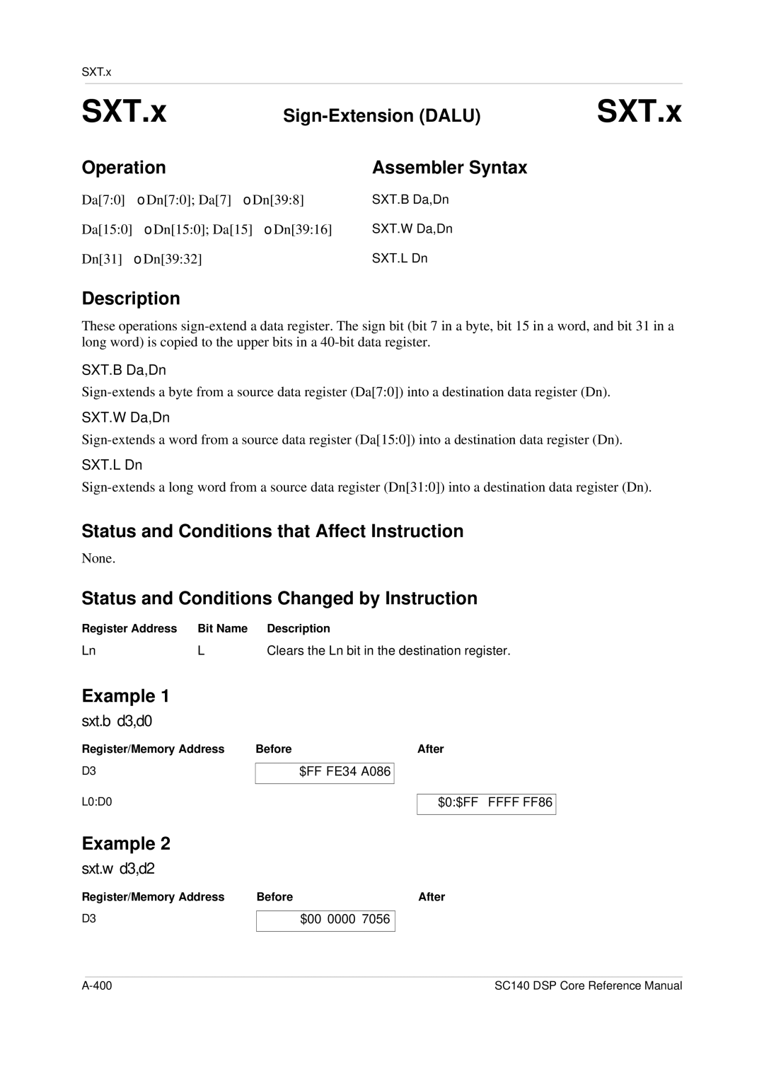 Freescale Semiconductor SC140 specifications Sign-Extension Dalu, Sxt.b d3,d0, Sxt.w d3,d2 