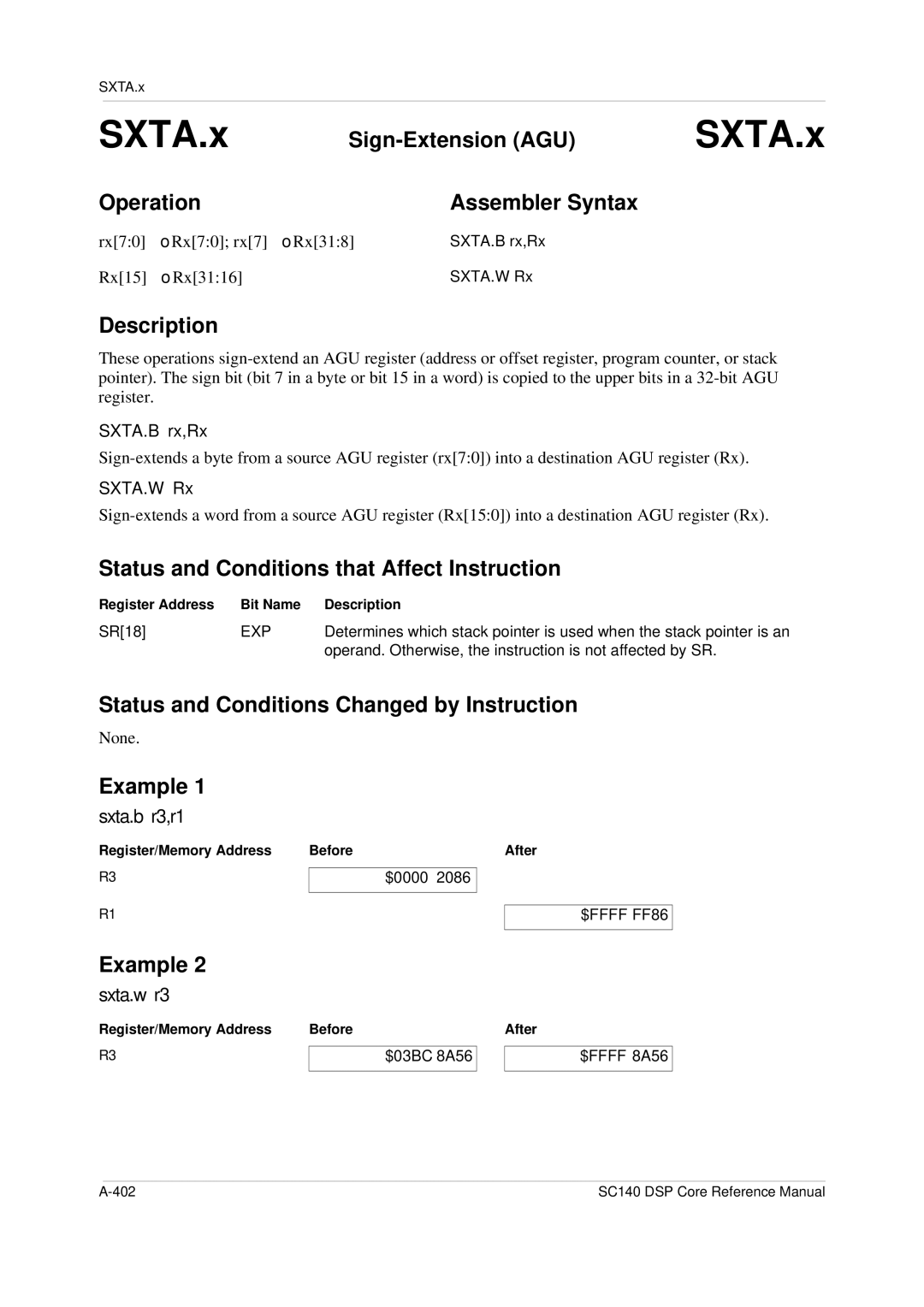 Freescale Semiconductor SC140 specifications Sign-Extension AGU, Sxta.b r3,r1, Sxta.w r3 