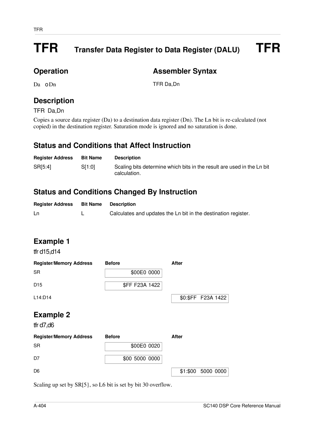 Freescale Semiconductor SC140 specifications Transfer Data Register to Data Register Dalu, Tfr d15,d14, Tfr d7,d6 